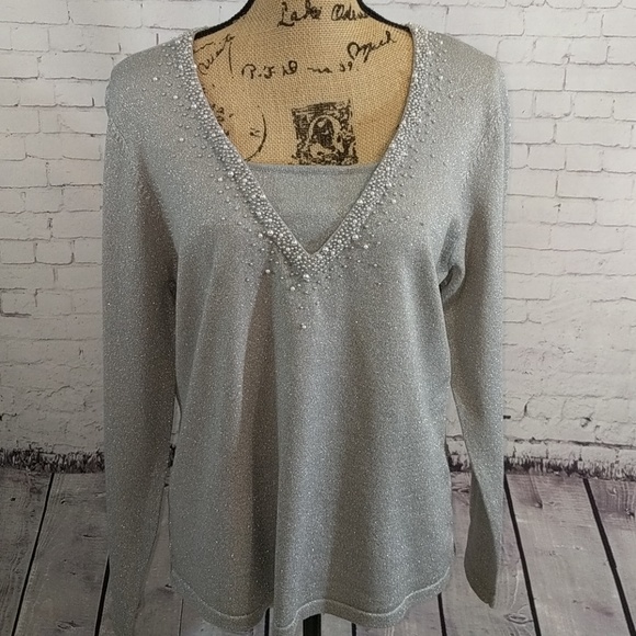 East 5th Sweaters - EAST 5th Petite Silver Beaded Shimmer Sweater